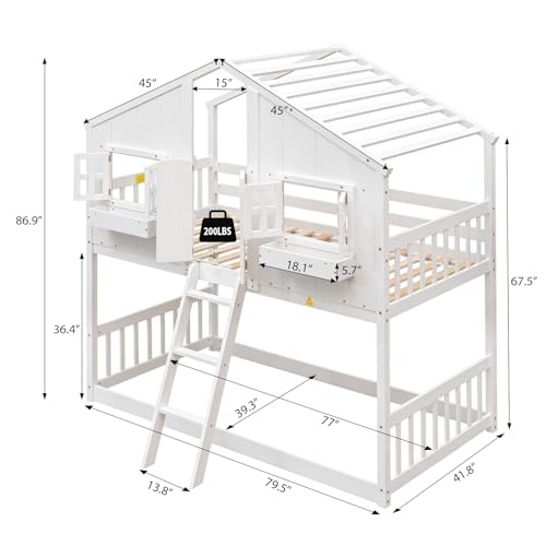 Kids House Bed with Bunk Beds, Stairs, Windows, and Easy Assembly