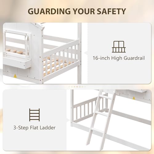 Kids House Bed with Bunk Beds, Stairs, Windows, and Easy Assembly