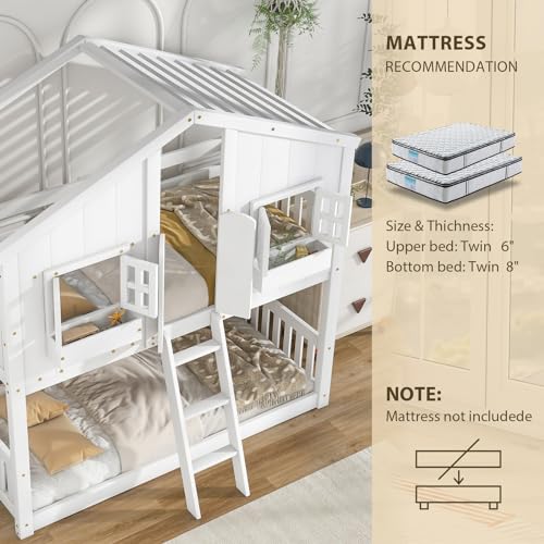 Kids House Bed with Bunk Beds, Stairs, Windows, and Easy Assembly