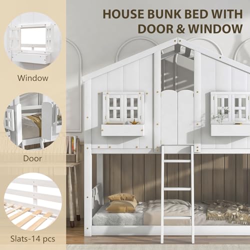 Kids House Bed with Bunk Beds, Stairs, Windows, and Easy Assembly