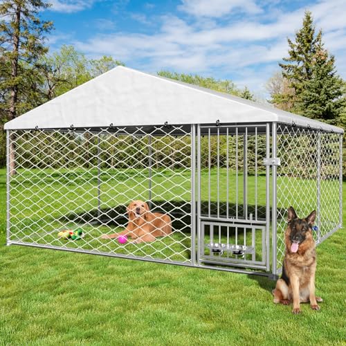 Outdoor Dog Kennel with Rotating Feeder Bowls for Large, Medium, and Small Dogs