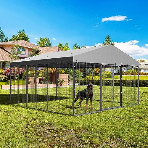Large Outdoor Dog Kennel for Farms: Rustproof Metal Mesh Enclosure With Fully Covered Roof, Double Security Locks